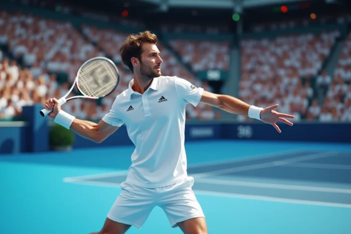 Joueur de tennis professionnel en plein élan lors d'un grand tournoi sur court dur, stade plein de spectateurs en arrière-plan