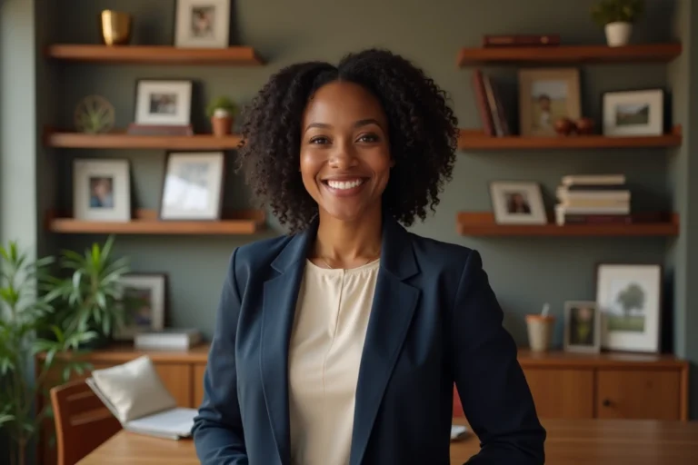 Femme afro-américaine élégante et inspirante posant dans un bureau à domicile chaleureux, évoquant le parcours de vie remarquable de Lisa Thorner