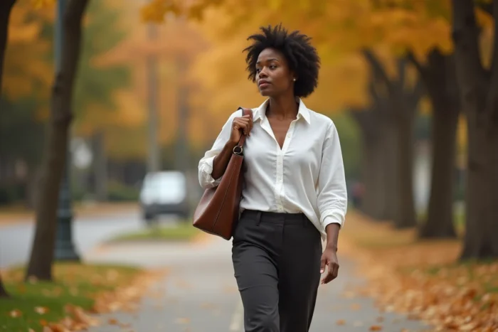 Femme afro-américaine marchant avec assurance sur une allée bordée d'arbres en automne, symbolisant la résilience et le parcours inspirant de Lisa Thorner