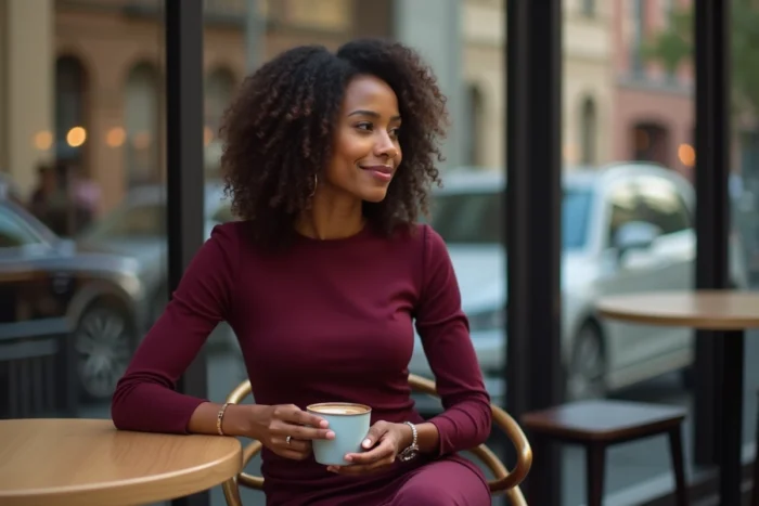 Femme afro-américaine distinguée assise dans un café urbain chic, tenant une tasse de café, portrait éditorial inspiré du parcours de Lisa Thorner