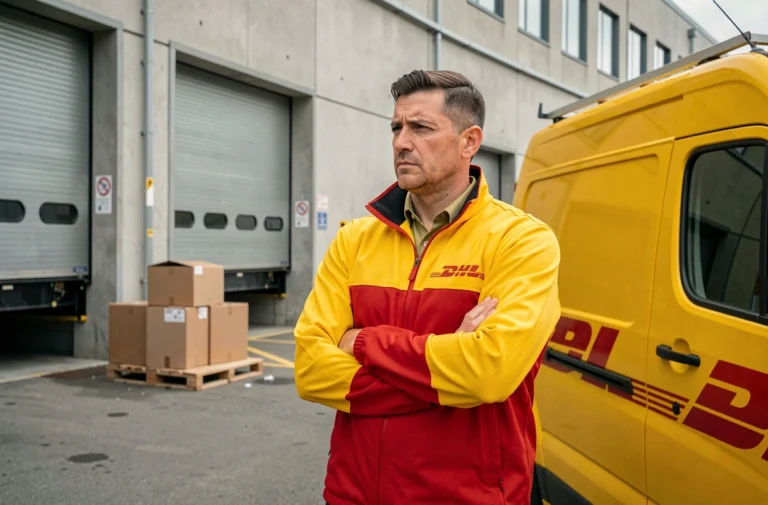 Livreur DHL en uniforme devant un entrepôt logistique arrêté pendant une grève entre la France et l'Allemagne