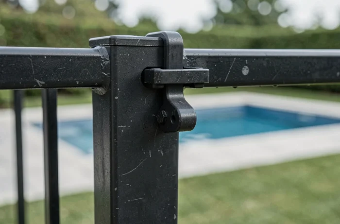 Gros plan sur le loquet de sécurité d'une barrière de piscine en acier noir conforme aux normes de sécurité en vigueur