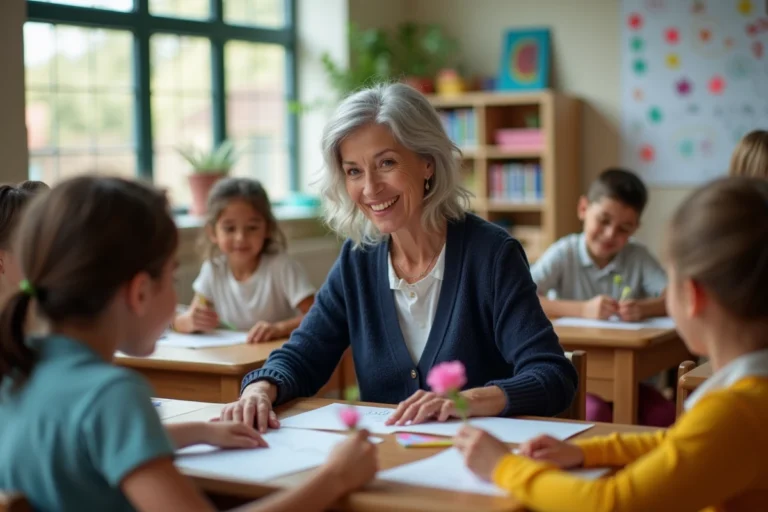 Maîtresse émue entourée de ses élèves lors de son pot de départ à la retraite en classe