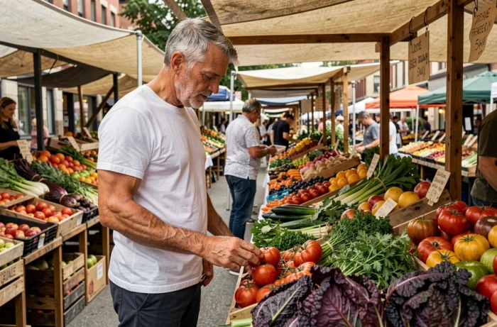 Homme élégant aux cheveux gris explorant un marché fermier en plein air rempli de légumes frais et de produits biologiques colorés