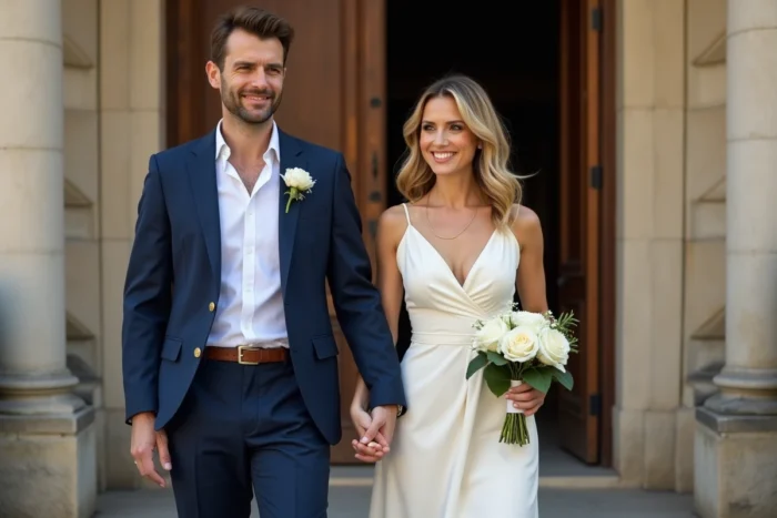 Mariés devant une mairie française lors d'un mariage civil intime et discret