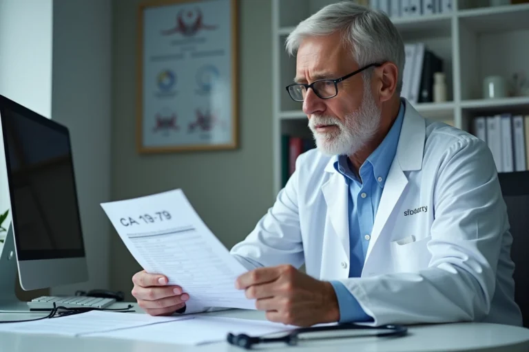 Médecin examinant un résultat d'analyse sanguine CA 19-9 élevé dans un bureau médical moderne