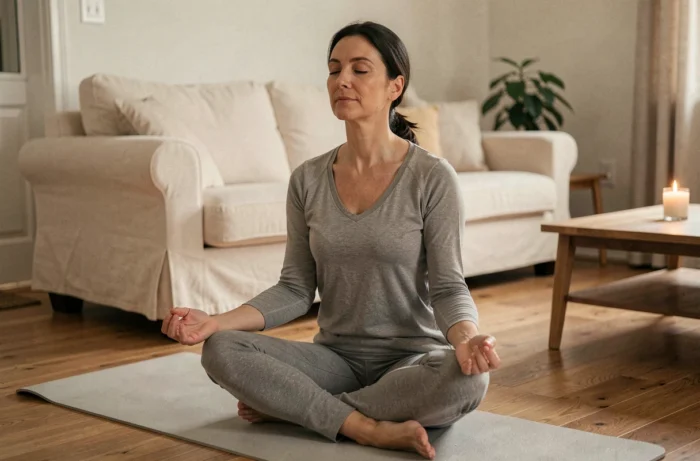 Mujer meditando sobre una alfombra de yoga en un salón acogedor, bienestar y salud mental a diario