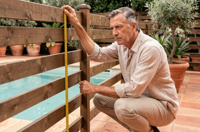 Homme mesurant la hauteur d'une barrière de piscine en bois avec un mètre ruban pour vérifier la conformité aux normes
