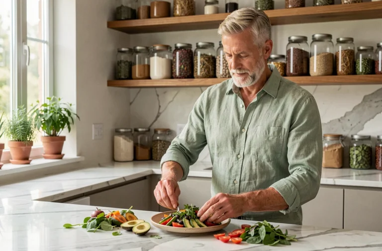 Homme athlétique aux cheveux gris-blond préparant un repas vegan coloré dans une cuisine moderne avec des légumes frais et des céréales biologiques