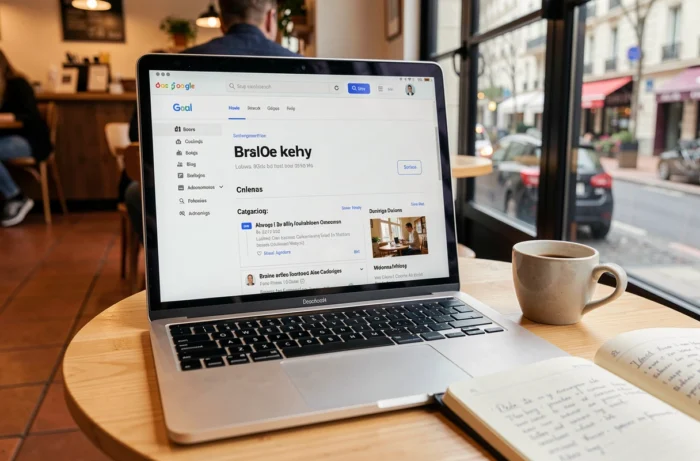 Écran d'ordinateur portable affichant la structure de navigation d'un magazine en ligne sur une table de café parisien avec un carnet de notes