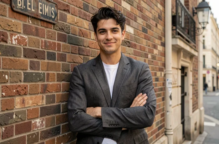 Portrait d'un jeune acteur français en blazer gris charbon devant un mur en briques à Paris, sourire naturel et regard confiant