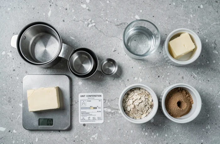 Vue aérienne d'outils de conversion culinaire disposés sur une surface en pierre : balance numérique, tasses doseuses en inox, carte de conversion et ingrédients pesés dans des ramequins