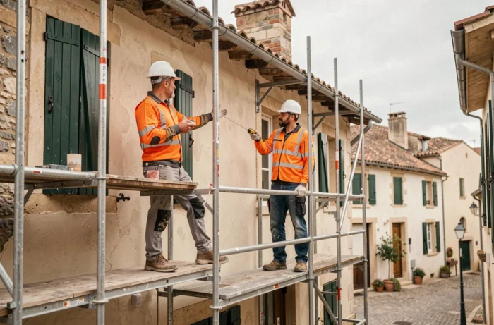 Trabajadores en un andamio realizando trabajos de renovación y modificación de fachada en una casa de ciudad francesa