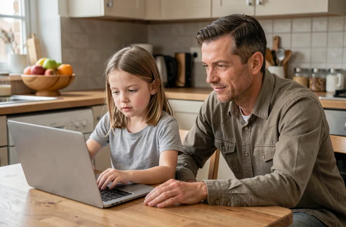 Un père accompagne sa fille dans l'utilisation d'un ordinateur portable à la table de la cuisine, symbolisant l'encadrement parental face aux nouvelles technologies