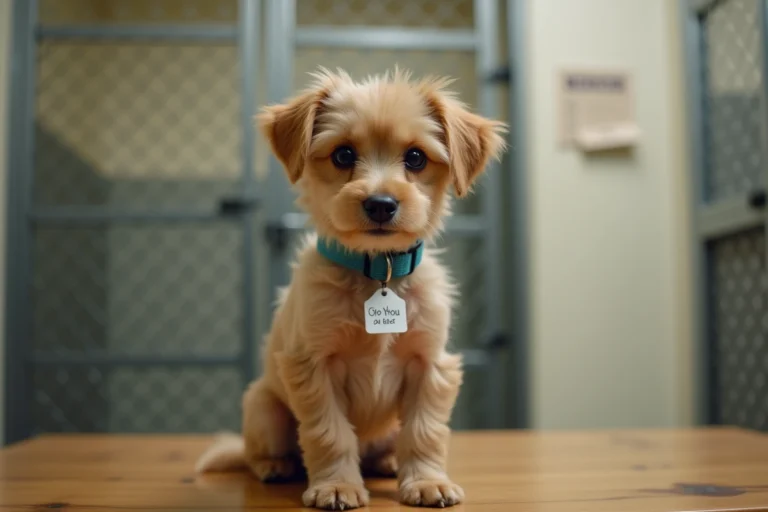Petit chien de race mélangée assis sur une table dans un refuge animalier près de Langon, portant une étiquette d'adoption autour du cou