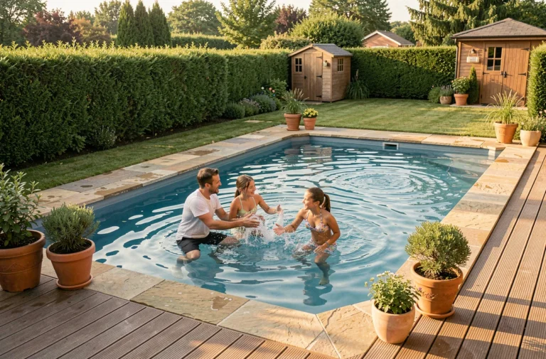 Famille profitant d'une piscine rectangulaire dans un jardin bien aménagé, illustrant les dimensions idéales d'une piscine familiale