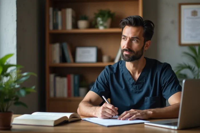 Praticien bien-être masculin en consultation dans un bureau professionnel chaleureux