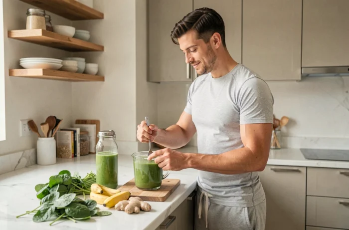 Hombre preparando un smoothie verde saludable en una cocina moderna, alimentación sana a diario