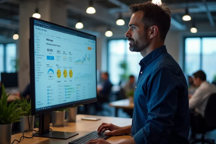 Professionnel analysant un rapport d'audit SEO sur grand écran dans un bureau en open space