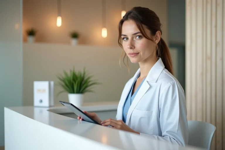 Professionnelle de santé consultant une tablette à l'accueil d'une clinique bien-être moderne