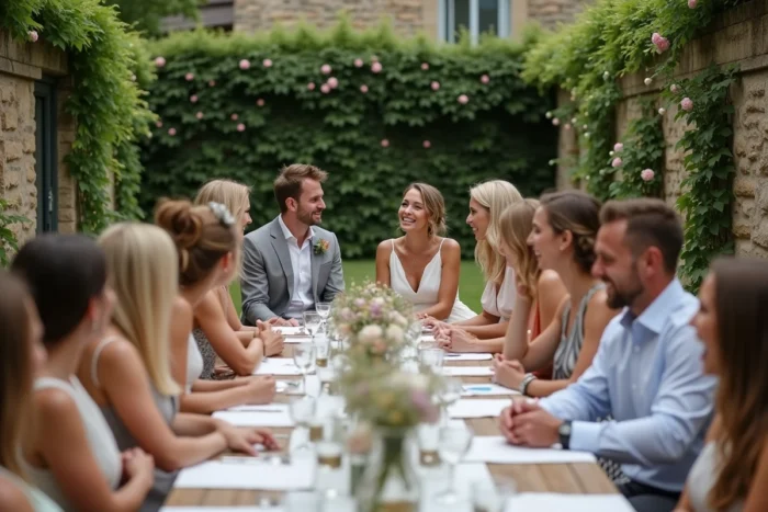 Réception de mariage intimiste dans un jardin de campagne française avec proches réunis