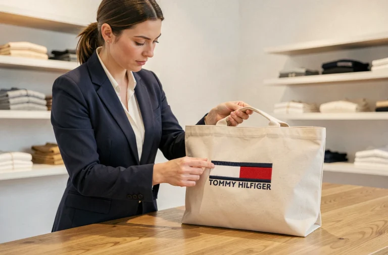Femme inspectant le logo brodé d'un sac Tommy Hilfiger authentique dans une boutique minimaliste