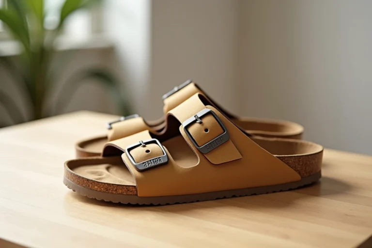 Paire authentique de sandales Birkenstock Arizona posée sur une surface en bois, mettant en valeur le semelle en liège et les détails du logo pour aider à reconnaître une vraie paire