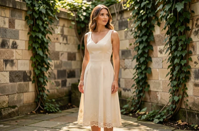 Femme portant une robe midi ivoire en dentelle, tenue élégante de mariage civil réutilisable au quotidien