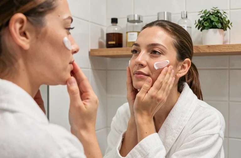 Femme appliquant une crème hydratante sur son visage devant un miroir de salle de bain dans le cadre d'une routine de soin quotidienne