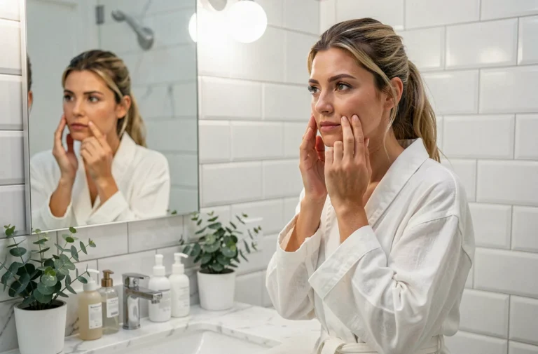 Femme appliquant un sérum visage dans une salle de bain moderne, routine de soin beauté quotidienne