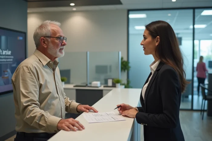 Un homme âgé en discussion avec une conseillère bancaire au guichet d'une agence, démarche pour récupérer un compte dormant ou inactif