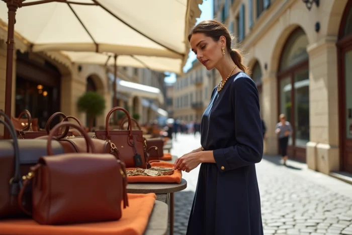 Femme élégante choisissant un sac Hermès de seconde main sur un marché vintage en plein air dans une ville française