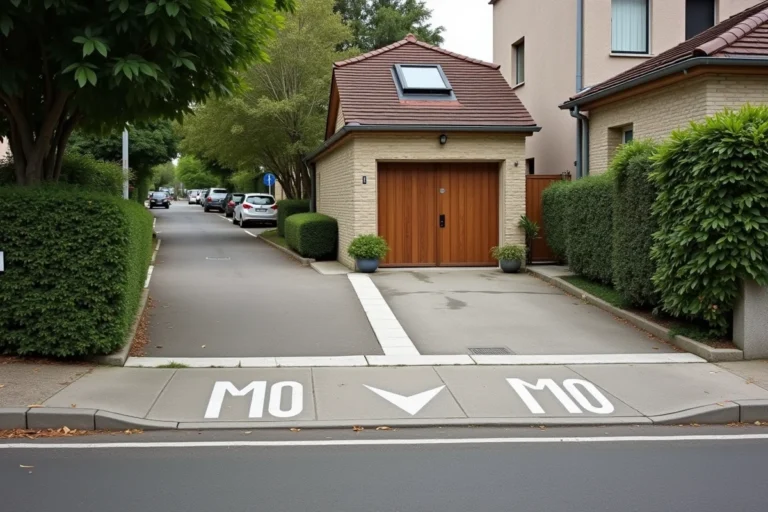 Sortie de garage résidentielle avec marquage au sol indiquant les distances réglementaires à respecter sur le trottoir