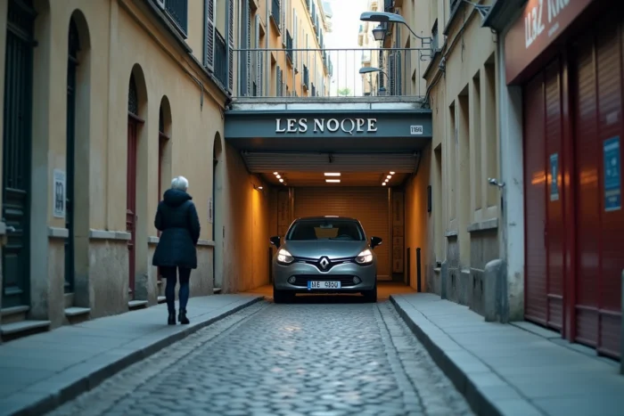 Voiture sortant d'un garage en milieu urbain dense avec piétons respectant la distance de sécurité sur le trottoir