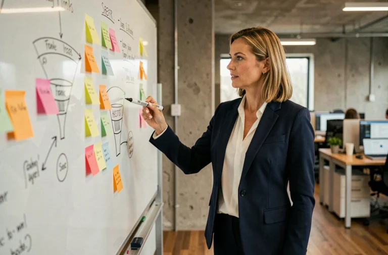 Femme professionnelle présentant une stratégie marketing sur un tableau blanc dans un bureau moderne