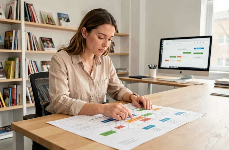 Femme étudiant la structure d'un site web avec un plan de navigation imprimé sur un bureau en bois dans un bureau éditorial moderne