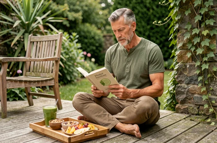 Homme mature lisant un livre sur la nutrition végétale sur une terrasse en bois entourée d'un jardin verdoyant avec un smoothie vert et des collations saines