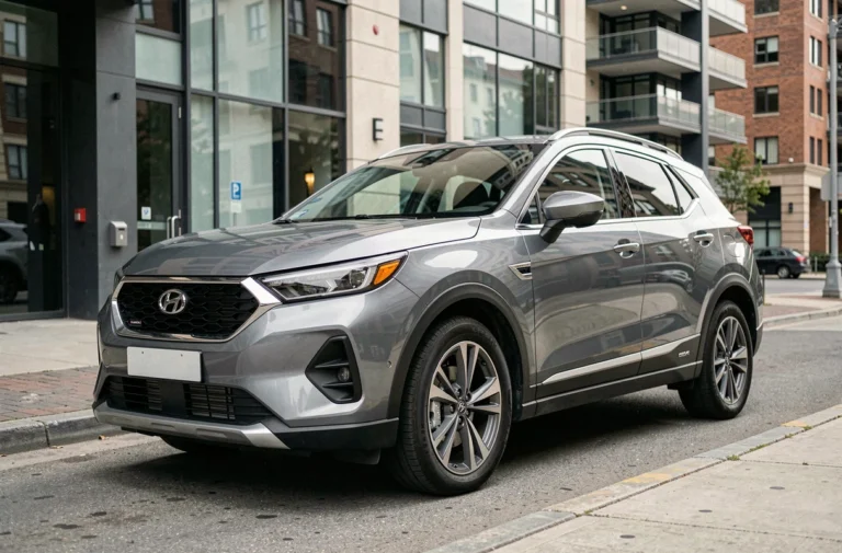 SUV compact hybride garé en ville devant un immeuble moderne, vue en angle trois-quarts avant mettant en valeur le design aérodynamique