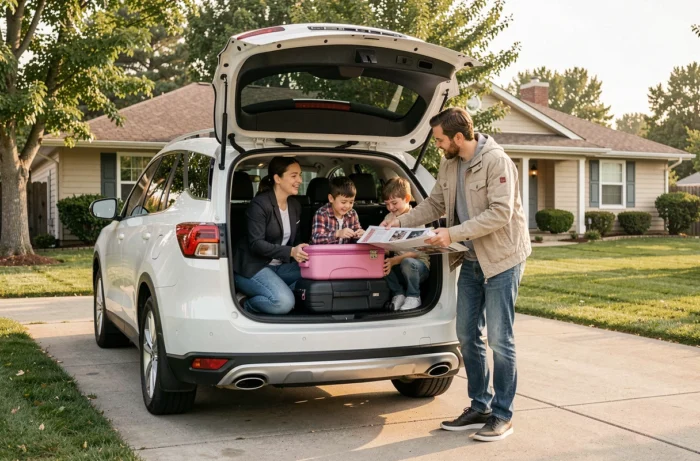 Famille chargeant des bagages dans le coffre d'un grand SUV hybride familial blanc dans une allée résidentielle pavillonnaire