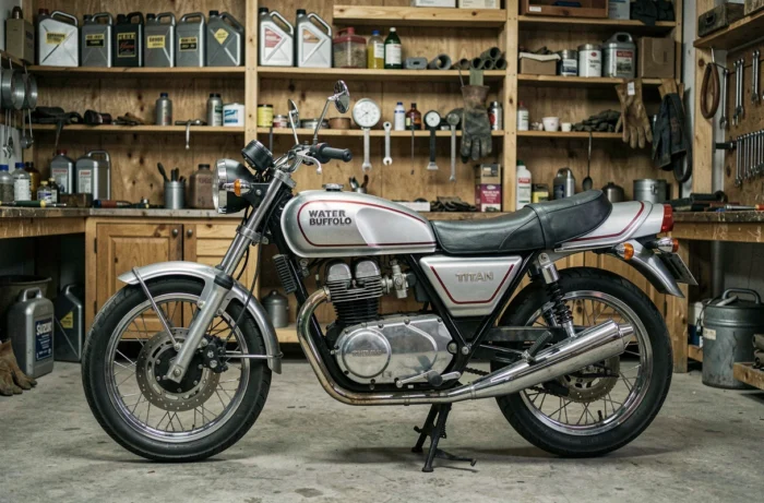 Suzuki GT750 1974 restaurée argent Titan avec liseré rouge dans un atelier de motos vintage
