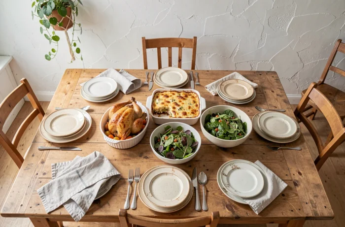 Table familiale dressée avec des recettes gourmandes maison, poulet rôti et gratin de légumes