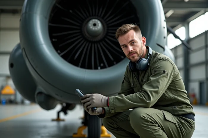 Technicien de l'aviation légère de l'armée de terre française effectuant la maintenance d'un hélicoptère NH90 Caiman dans un hangar militaire moderne
