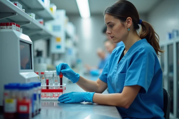 Technicienne de laboratoire manipulant un tube de prélèvement sanguin pour analyse des marqueurs tumoraux