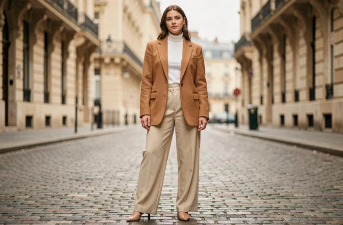 Femme élégante en blazer camel oversize et pantalon large ecru dans une rue pavée parisienne, tendances mode automne