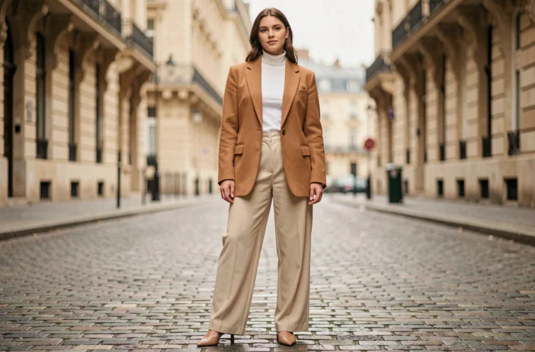 Femme élégante en blazer camel oversize et pantalon large ecru dans une rue pavée parisienne, tendances mode automne