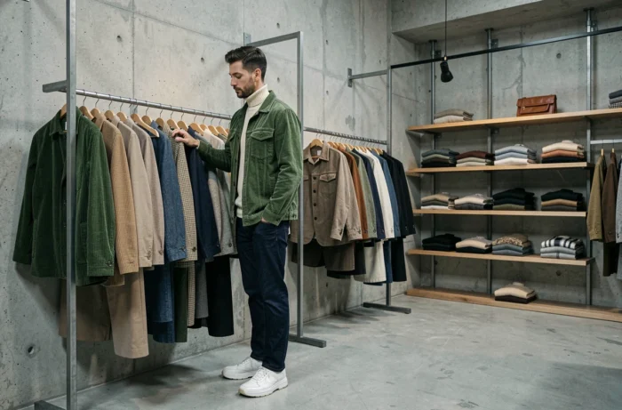 Homme en veste en velours côtelé vert et jean indigo dans un concept store minimaliste, mode masculine tendance