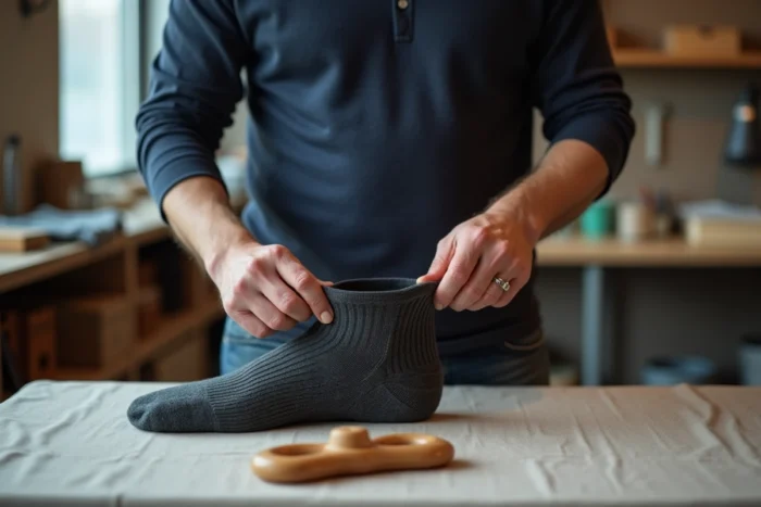Homme utilisant un tendeur de chaussettes en bois pour élargir des chaussettes en laine trop serrées à la maison