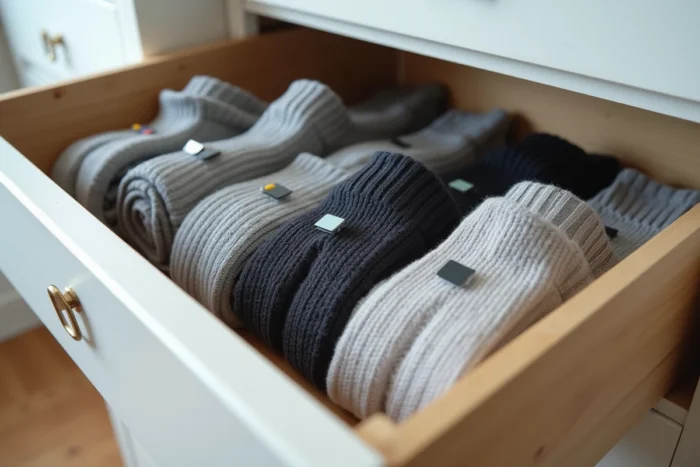 Tiroir à chaussettes organisé avec des repères colorés pour reconnaître le pied gauche et le pied droit de chaque paire