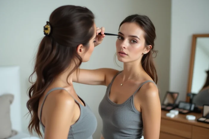 Jeune femme traçant un trait d'eyeliner précis devant un miroir sur pied dans une chambre, technique de maquillage des yeux
