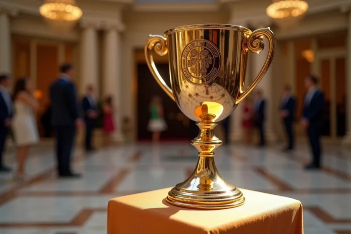 Trophée de tennis doré sur socle lors d'une cérémonie de remise de prix d'un grand tournoi international